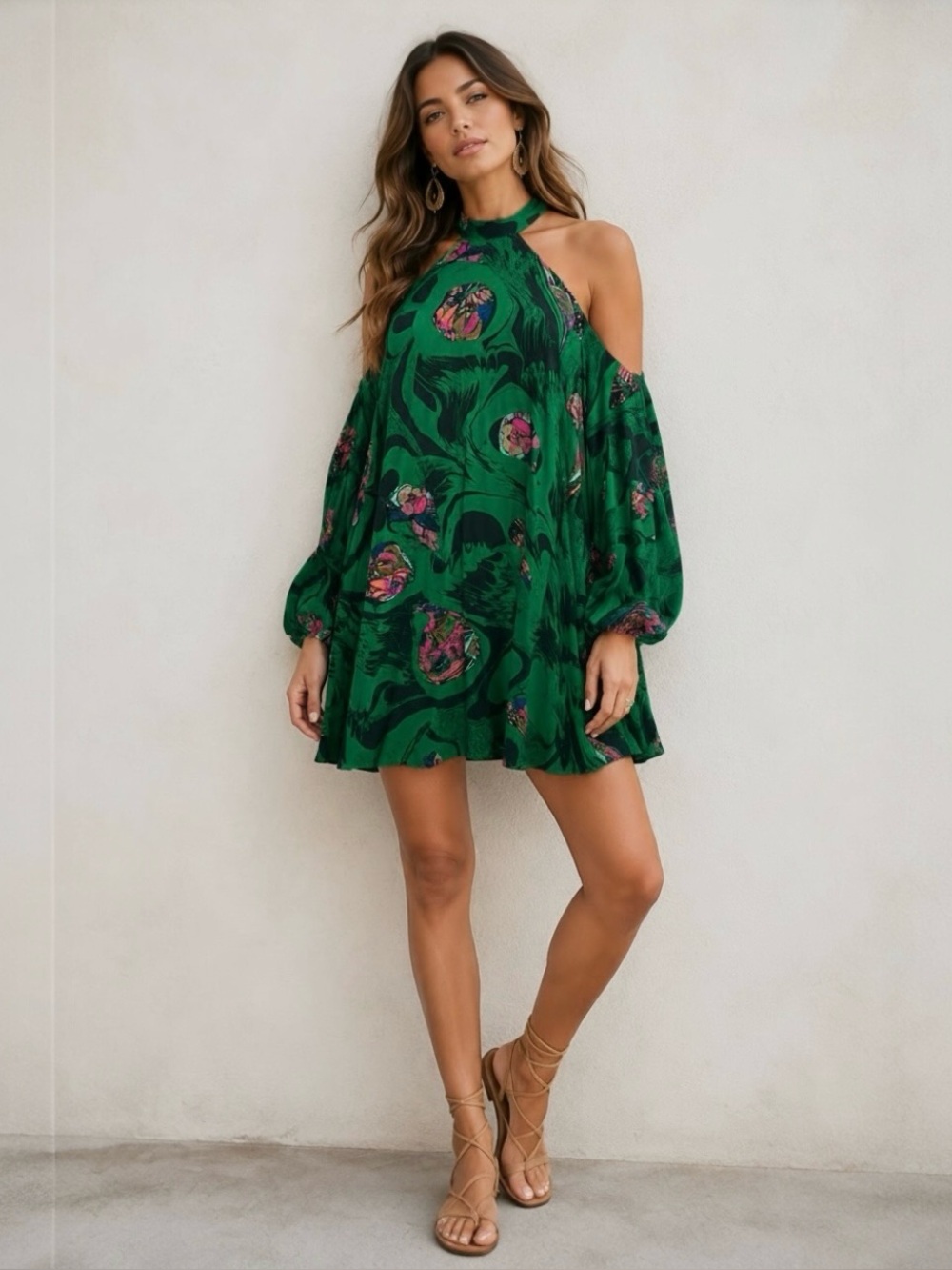 $108 Free People Drift Away Cold Shoulder Tunic Dress Green Floral Bohemian Mini